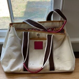 Vtg Coach Hampton Trim Tote Handbag Weekend Cream Canvas tan Leather Trim
